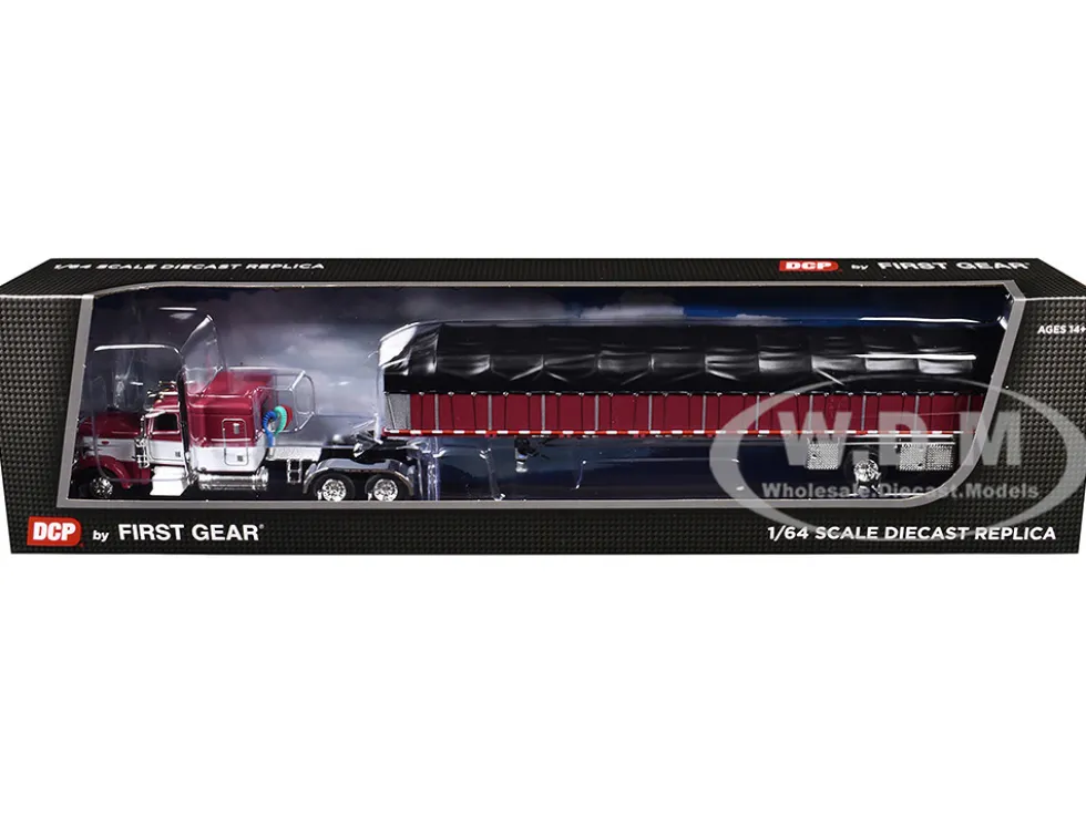 Peterbilt 389 with 63" Flat Top Sleeper and 53’ Wilson Roadbrute Flatbed Trailer with Covered Wagon Maroon with White Stripes 1/64 Diecast Model by DCP/First Gear
