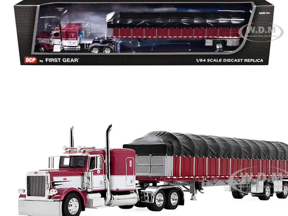 Peterbilt 389 with 63" Flat Top Sleeper and 53’ Wilson Roadbrute Flatbed Trailer with Covered Wagon Maroon with White Stripes 1/64 Diecast Model by DCP/First Gear