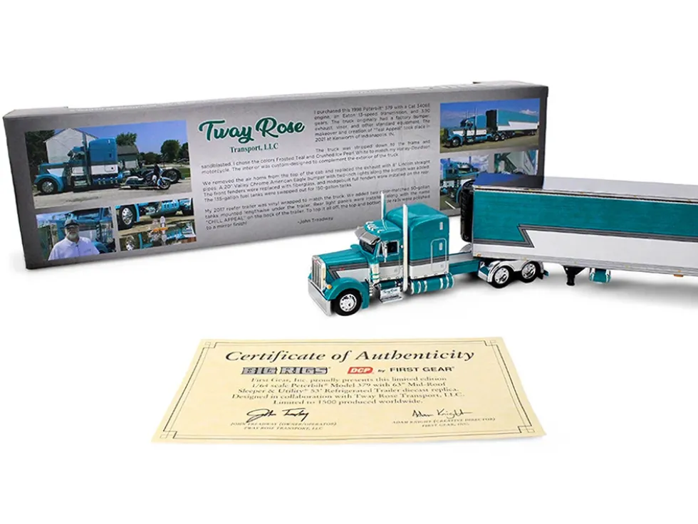Peterbilt 379 with 63" Mid-Roof Sleeper and 53' Utility Trailer with Reefer "Tway Rose Transport" Teal and White with Stripes "Big Rigs" Series II #5 1/64 Diecast Model by DCP/First Gear