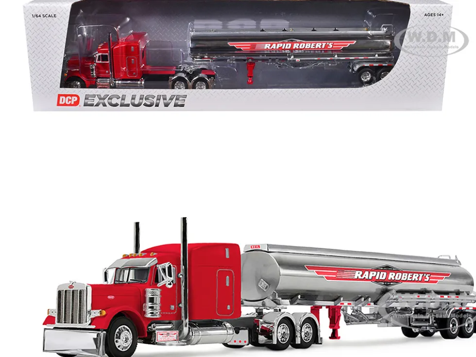 Peterbilt 379 with 63" Mid-Roof Sleeper and Heil Fuel Tank Trailer "Rapid Roberts" Red 1/64 Diecast Model by DCP/First Gear