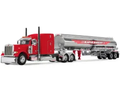 Peterbilt 379 with 63" Mid-Roof Sleeper and Heil Fuel Tank Trailer "Rapid Roberts" Red 1/64 Diecast Model by DCP/First Gear