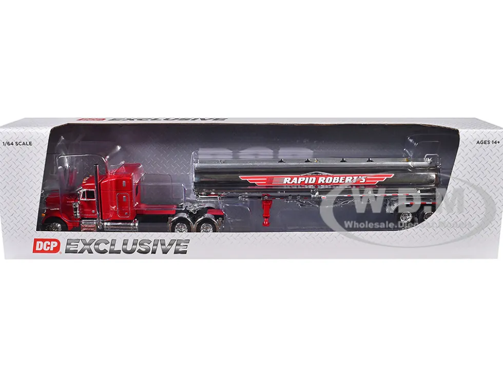 Peterbilt 379 with 63" Mid-Roof Sleeper and Heil Fuel Tank Trailer "Rapid Roberts" Red 1/64 Diecast Model by DCP/First Gear