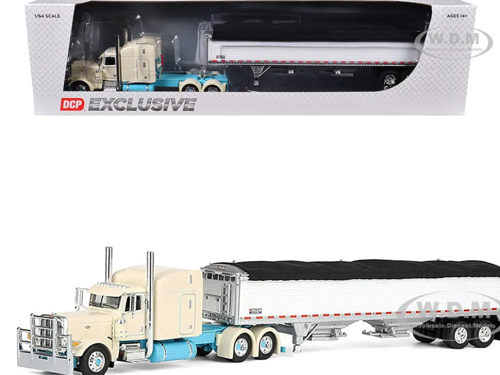 Peterbilt 389 with 63" Mid-Roof Sleeper and 43' Wilson Pacesetter High Sided Grain Trailer "Capitola Trucking" Cream 1/64 Diecast Model by DCP/First Gear