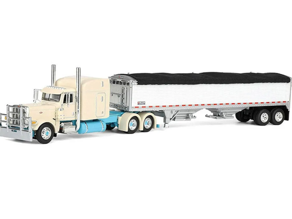 Peterbilt 389 with 63" Mid-Roof Sleeper and 43' Wilson Pacesetter High Sided Grain Trailer "Capitola Trucking" Cream 1/64 Diecast Model by DCP/First Gear