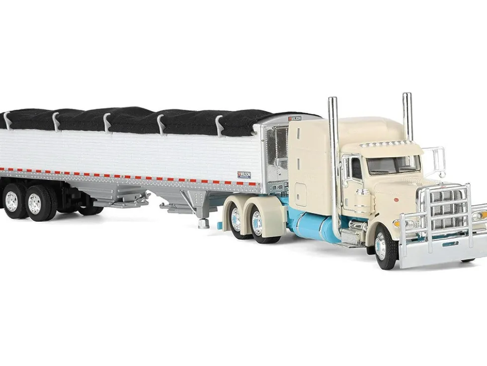 Peterbilt 389 with 63" Mid-Roof Sleeper and 43' Wilson Pacesetter High Sided Grain Trailer "Capitola Trucking" Cream 1/64 Diecast Model by DCP/First Gear