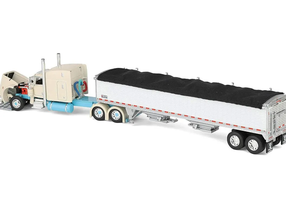 Peterbilt 389 with 63" Mid-Roof Sleeper and 43' Wilson Pacesetter High Sided Grain Trailer "Capitola Trucking" Cream 1/64 Diecast Model by DCP/First Gear
