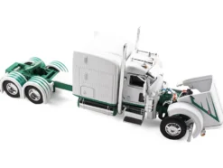 Peterbilt 389 with 63" Mid-Roof Sleeper and 53' Utility Trailer White with Green Stripes 1/64 Diecast Model by DCP/First Gear