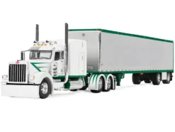 Peterbilt 389 with 63" Mid-Roof Sleeper and 53' Utility Trailer White with Green Stripes 1/64 Diecast Model by DCP/First Gear