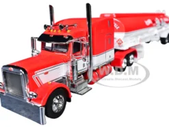 Peterbilt 389 with 63" Mid-Roof Sleeper and Heil Fuel Tank Trailer "Busted Knuckle Garage" Red and White 1/64 Diecast Model by DCP/First Gear