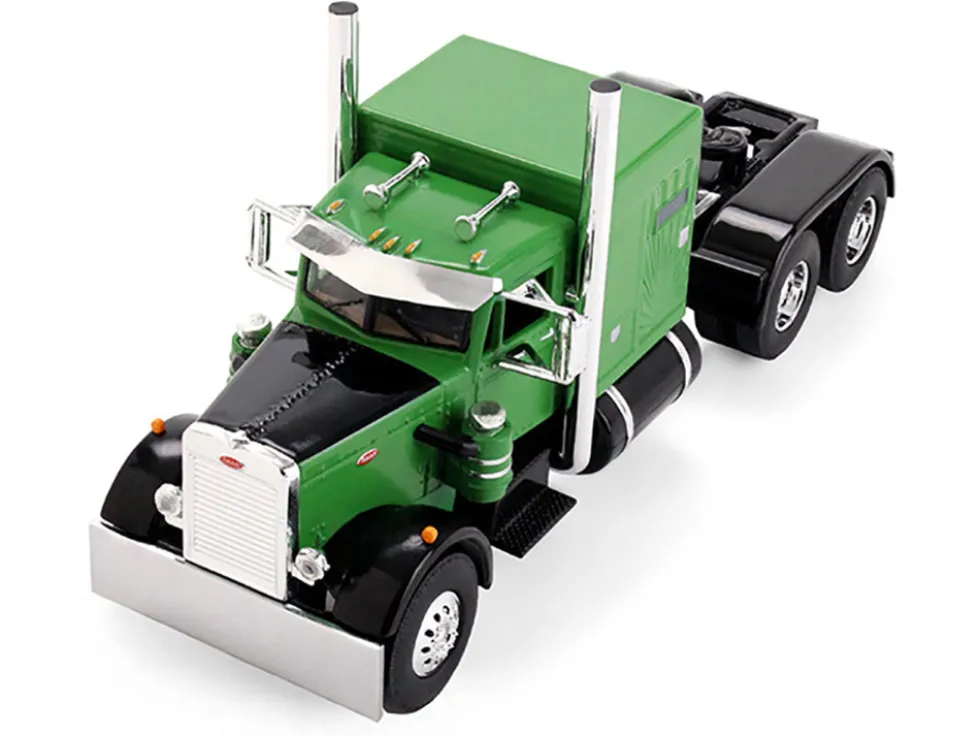Peterbilt 351 with 60" Vintage Sleeper and Rogers Vintage Lowboy Trailer Green with Black Trailer 1/64 Diecast Model by DCP/First Gear