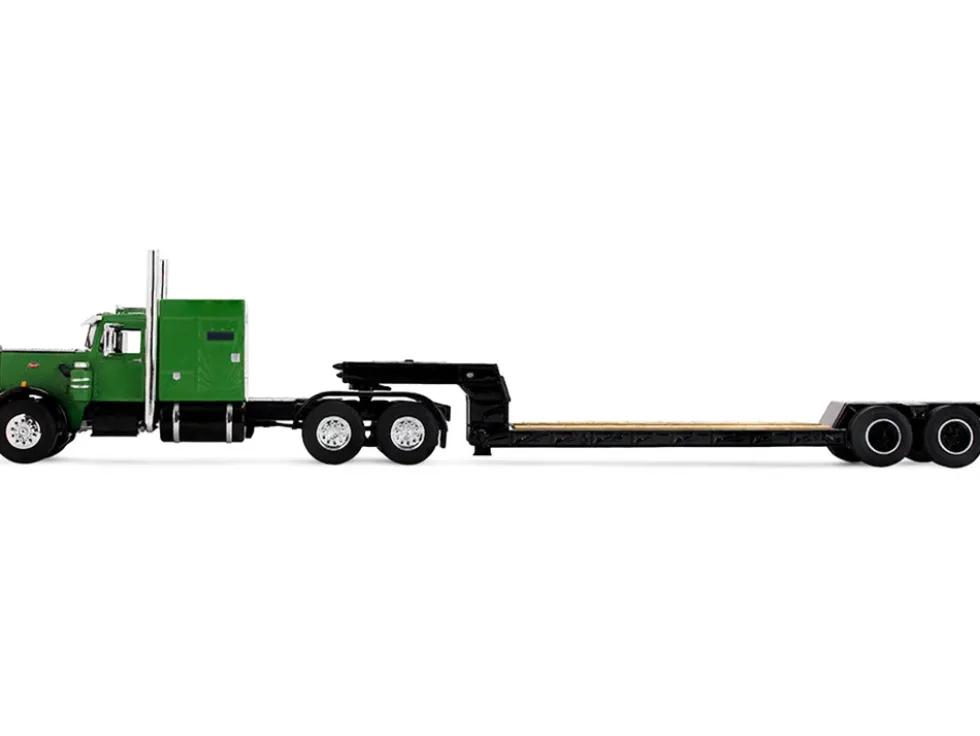Peterbilt 351 with 60" Vintage Sleeper and Rogers Vintage Lowboy Trailer Green with Black Trailer 1/64 Diecast Model by DCP/First Gear
