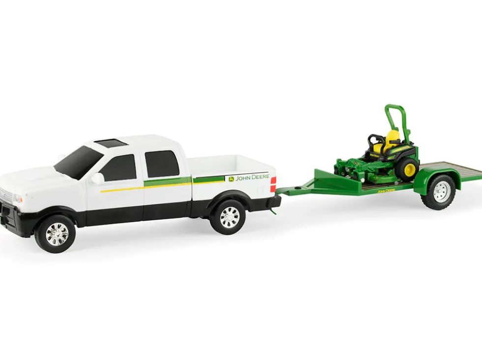 Pickup Truck White Flatbed Trailer John Deere Zero-Turn Mower Set of 3 pieces 1/32 Diecast Models ERTL TOMY 45520