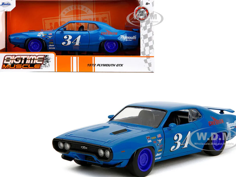 1972 Plymouth GTX #34 Blue with Graphics "Bigtime Muscle" Series 1/24 Diecast Model Car by Jada