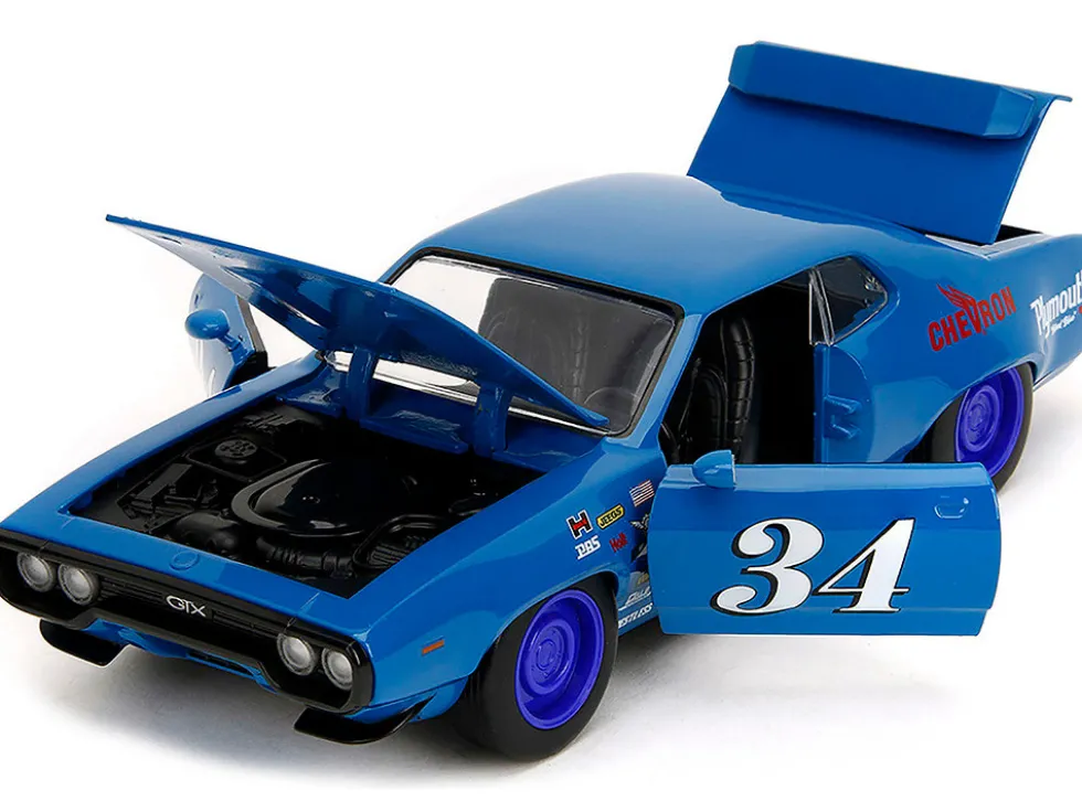 1972 Plymouth GTX #34 Blue with Graphics "Bigtime Muscle" Series 1/24 Diecast Model Car by Jada