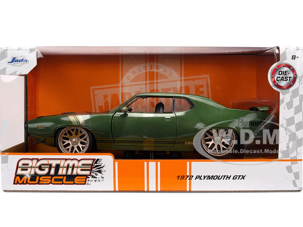 1972 Plymouth GTX Green Metallic with Matt Black Hood and Gold Stripes "Bigtime Muscle" Series 1/24 Diecast Model Car by Jada