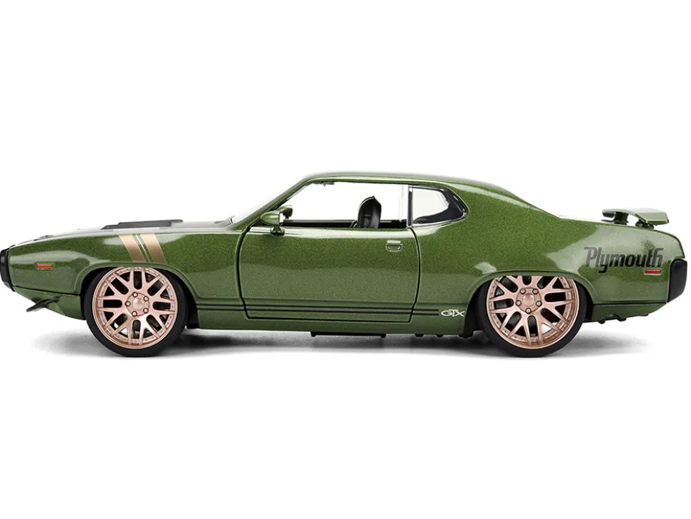 1972 Plymouth GTX Green Metallic with Matt Black Hood and Gold Stripes "Bigtime Muscle" Series 1/24 Diecast Model Car by Jada