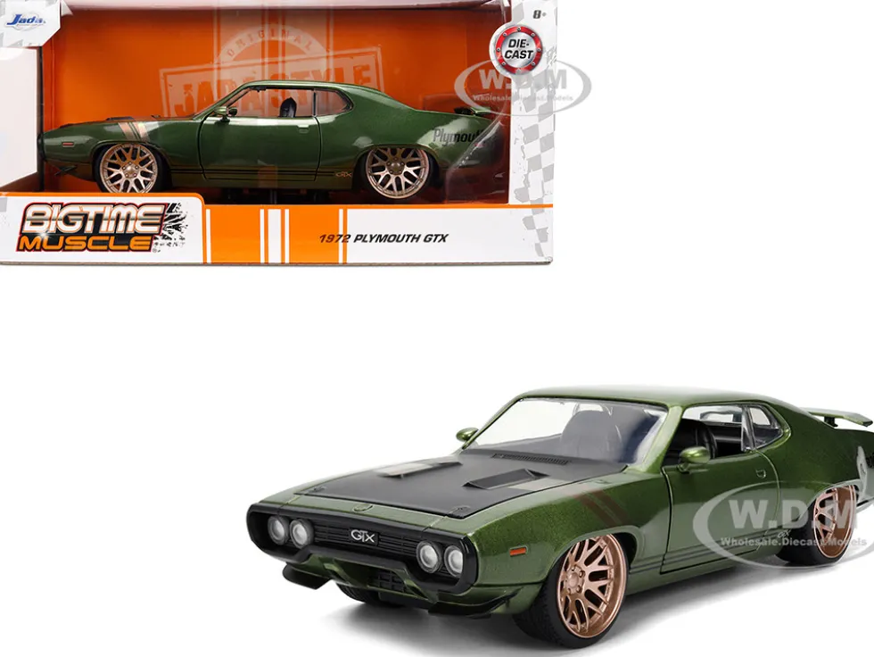 1972 Plymouth GTX Green Metallic with Matt Black Hood and Gold Stripes "Bigtime Muscle" Series 1/24 Diecast Model Car by Jada