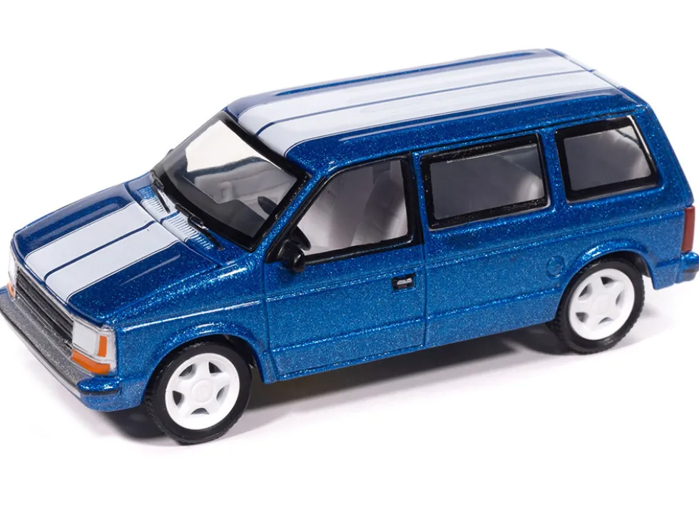 1989 Plymouth Voyager Turbo Van Daytona Blue Metallic with White Stripes and Interior "Mighty Minivans" Series 1/64 Diecast Model Car by Auto World