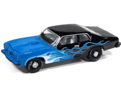 1974 Pontiac GTO Black and Blue with Blue Flame Graphics with White Interior "Black with Flames" Series 1/64 Diecast Model Car by Johnny Lightning