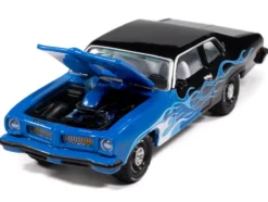 1974 Pontiac GTO Black and Blue with Blue Flame Graphics with White Interior