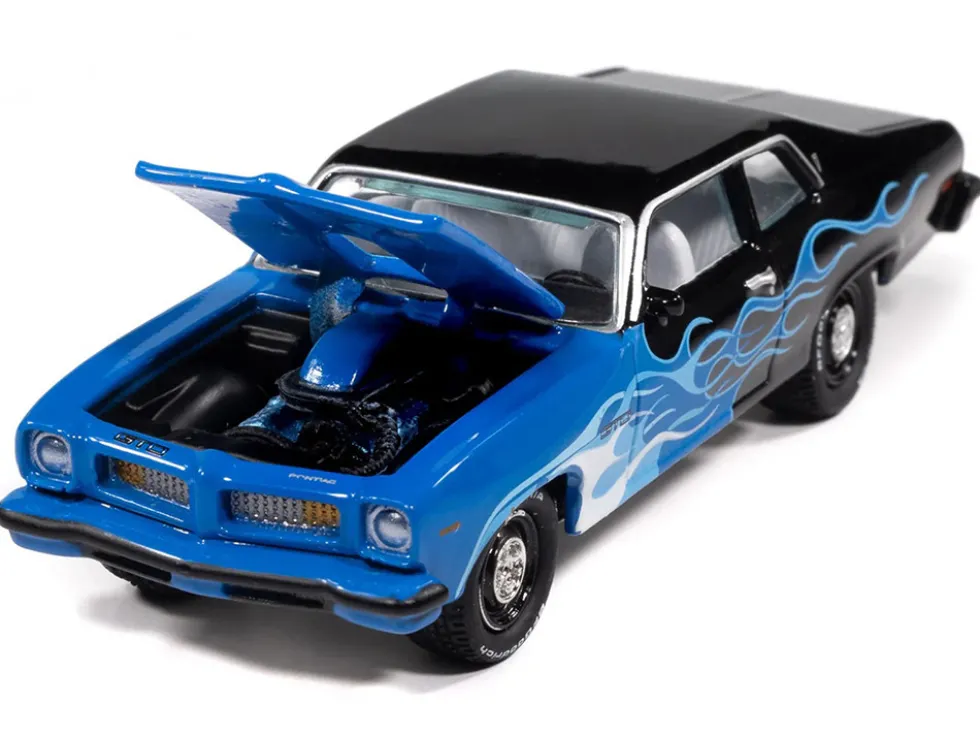 1974 Pontiac GTO Black and Blue with Blue Flame Graphics with White Interior "Black with Flames" Series 1/64 Diecast Model Car by Johnny Lightning