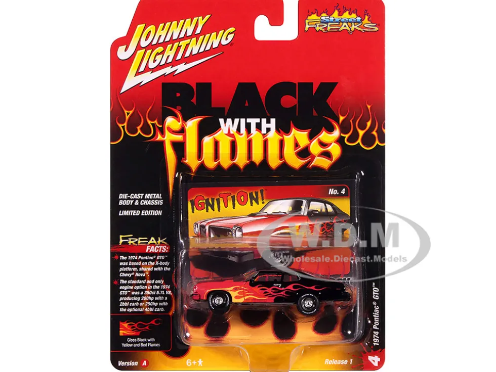 1974 Pontiac GTO Black and Red with Flame Graphics "Black with Flames" Series 1/64 Diecast Model Car by Johnny Lightning