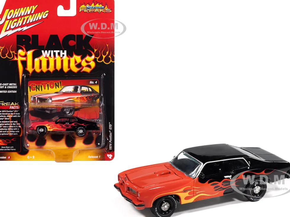 1974 Pontiac GTO Black and Red with Flame Graphics "Black with Flames" Series 1/64 Diecast Model Car by Johnny Lightning