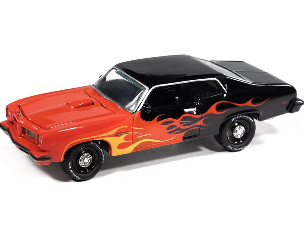 1974 Pontiac GTO Black and Red with Flame Graphics "Black with Flames" Series 1/64 Diecast Model Car by Johnny Lightning