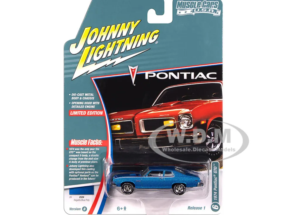 1974 Pontiac GTO Regatta Blue Metallic with White Interior "Muscle Cars USA" Series 1/64 Diecast Model Car by Johnny Lightning
