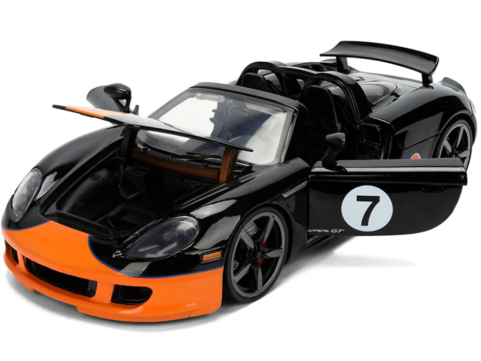 Porsche Carrera GT Convertible #7 "Gulf Oil" Black with Orange Graphics "Hyper-Spec" Series 1/24 Diecast Model Car by Jada