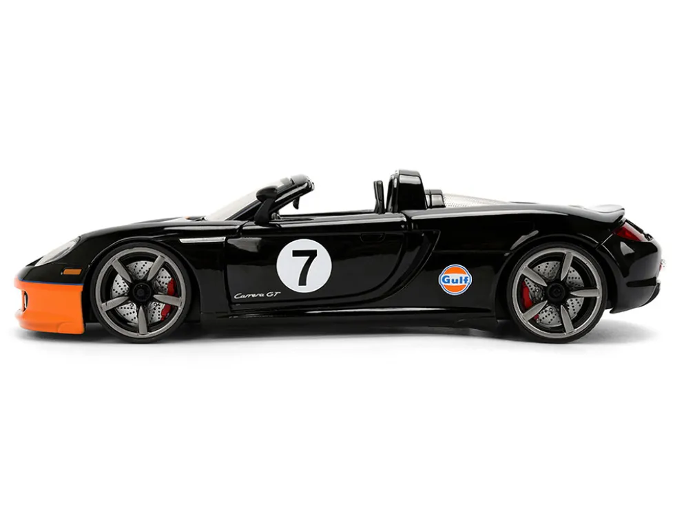 Porsche Carrera GT Convertible #7 "Gulf Oil" Black with Orange Graphics "Hyper-Spec" Series 1/24 Diecast Model Car by Jada