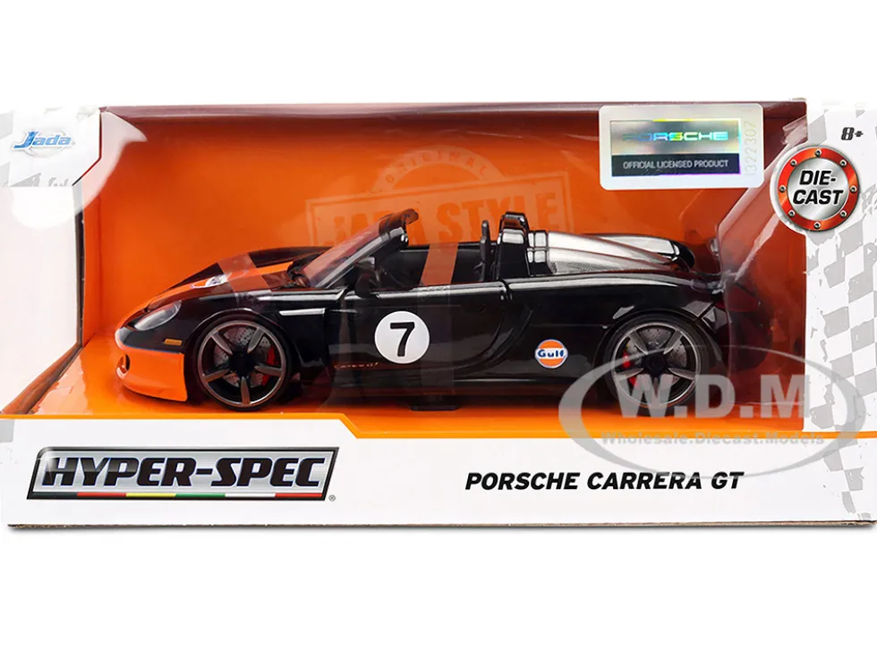 Porsche Carrera GT Convertible #7 "Gulf Oil" Black with Orange Graphics "Hyper-Spec" Series 1/24 Diecast Model Car by Jada