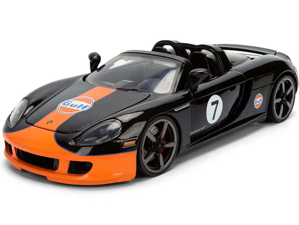 Porsche Carrera GT Convertible #7 "Gulf Oil" Black with Orange Graphics "Hyper-Spec" Series 1/24 Diecast Model Car by Jada