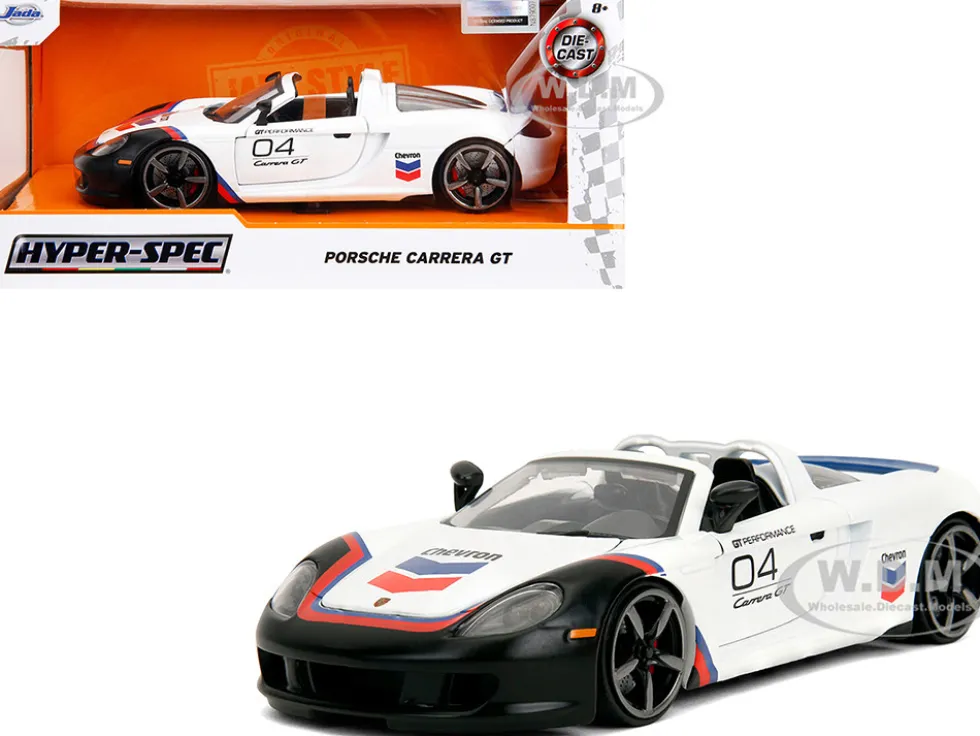 Porsche Carrera GT Convertible #04 "Chevron" White with Graphics "Hyper-Spec" Series 1/24 Diecast Model Car by Jada