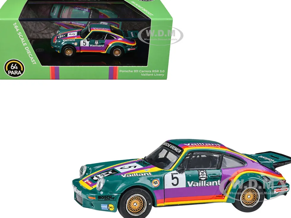 1975 Porsche 911 Carrera RSR 3.0 #5 "Kremer Racing - Vaillant" Green with Stripes 1/64 Diecast Model Car by Paragon Models