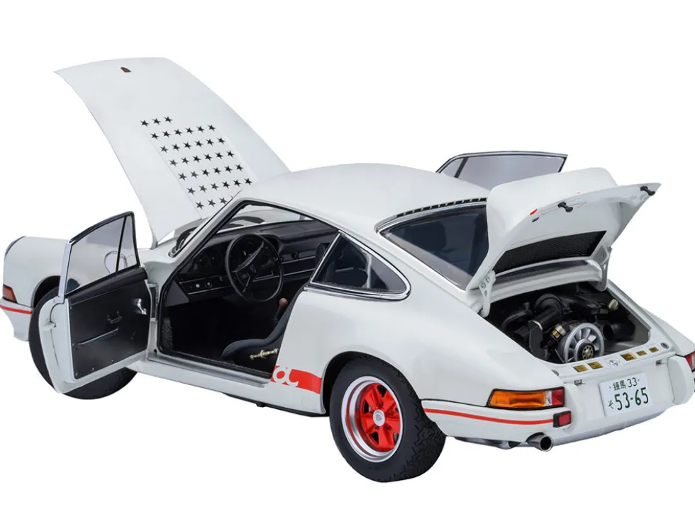 Porsche 911 Carrera 2.7 RS "The Circuit Wolf" White with Red Stripes and Wheels with Hood Graphics 1/18 Model Car by Autoart