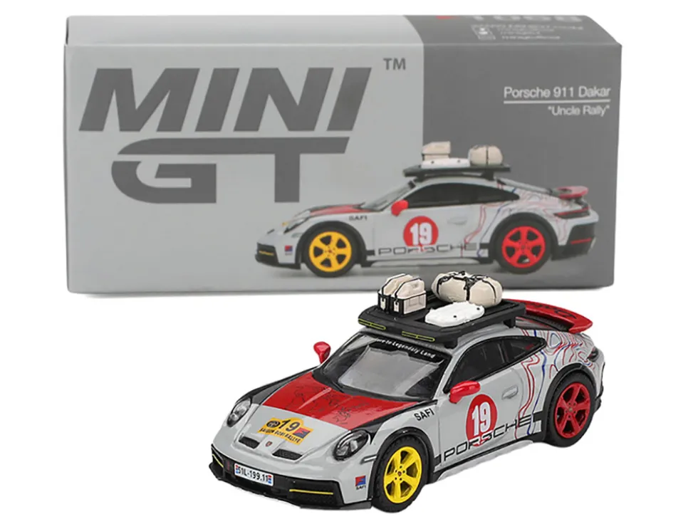 Porsche 911 Dakar #19 "Uncle Rally" Gray with Graphics and Roof Rack Limited Edition 1/64 Diecast Model Car by Mini GT