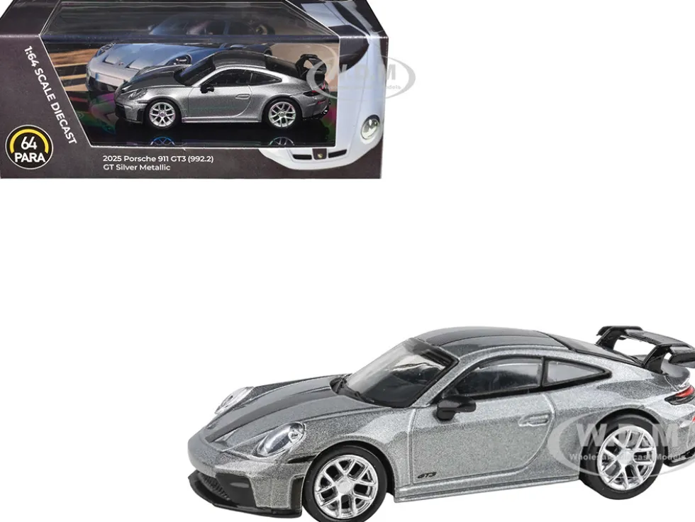 2025 Porsche 911 GT3 (992.2) GT Silver Metallic with Carbon Stripe 1/64 Diecast Model Car by Paragon Models