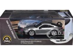 2025 Porsche 911 GT3 (992.2) GT Silver Metallic with Carbon Stripe 1/64 Diecast Model Car by Paragon Models