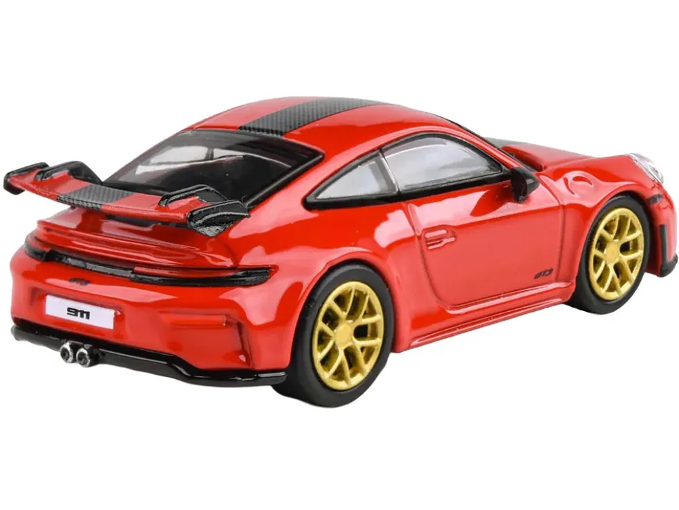 2025 Porsche 911 GT3 (992.2) Guards Red with Carbon Stripe and Gold Wheels 1/64 Diecast Model Car by Paragon Models