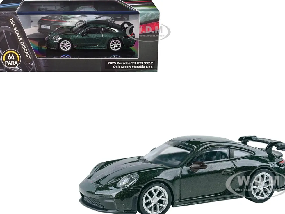 2025 Porsche 911 GT3 (992.2) Oak Green Metallic Neo with Carbon Stripe 1/64 Diecast Model Car by Paragon Models