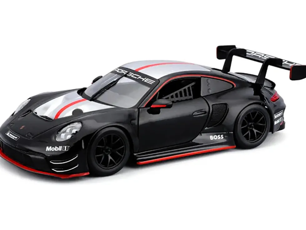 Porsche 911 GT3 R Black with Silver Hood and Top and Red Stripe "Race" Series 1/24 Diecast Model Car by Bburago
