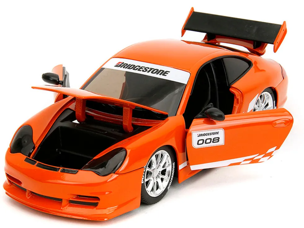 Porsche 911 GT3 RS (996) #008 "Bridgestone" Orange Metallic with White Graphics "Hyper-Spec" Series 1/24 Diecast Model Car by Jada