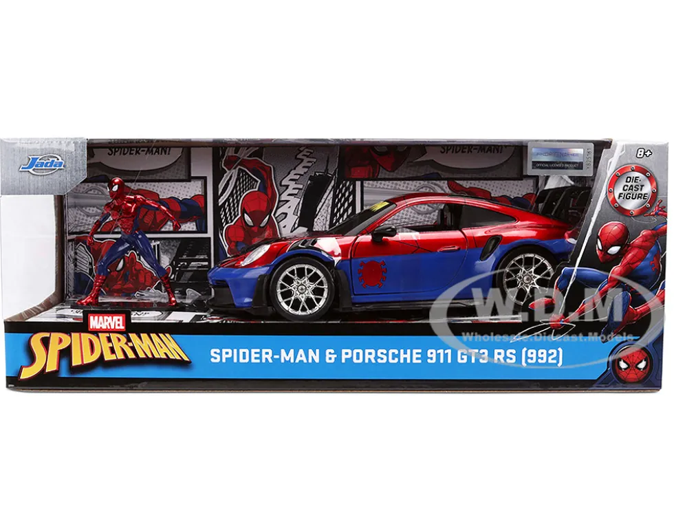 Porsche 911 GT3 RS (992) Red and Blue with Graphics and Spider-Man Diecast Figure "Marvel Spider-Man" "Hollywood Rides" Series 1/24 Diecast Model Car by Jada