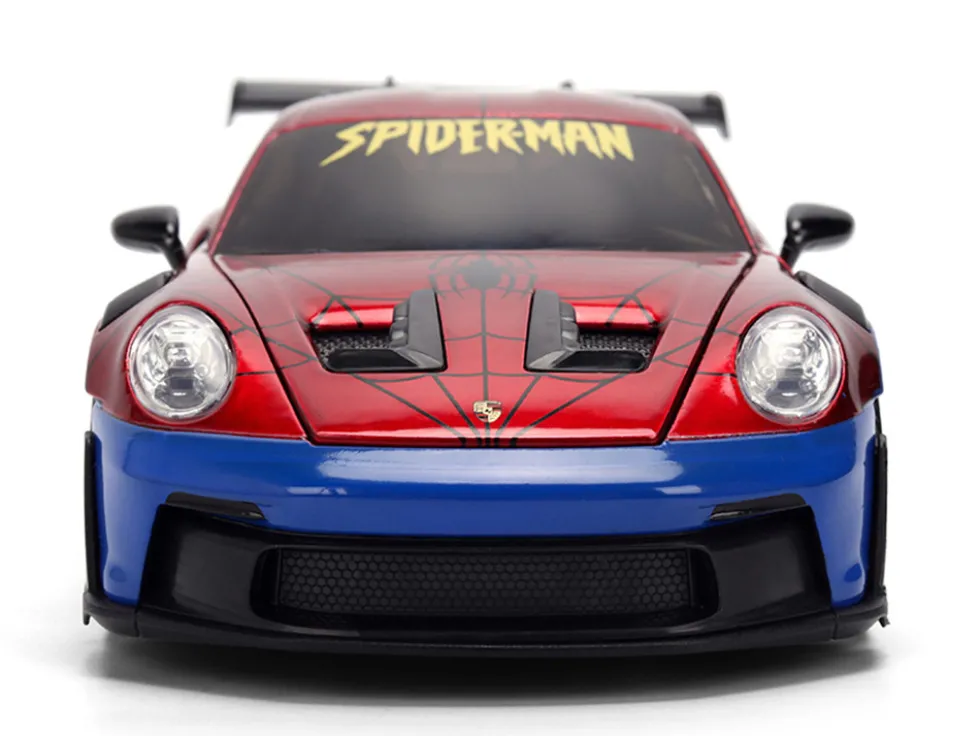 Porsche 911 GT3 RS (992) Red and Blue with Graphics and Spider-Man Diecast Figure "Marvel Spider-Man" "Hollywood Rides" Series 1/24 Diecast Model Car by Jada