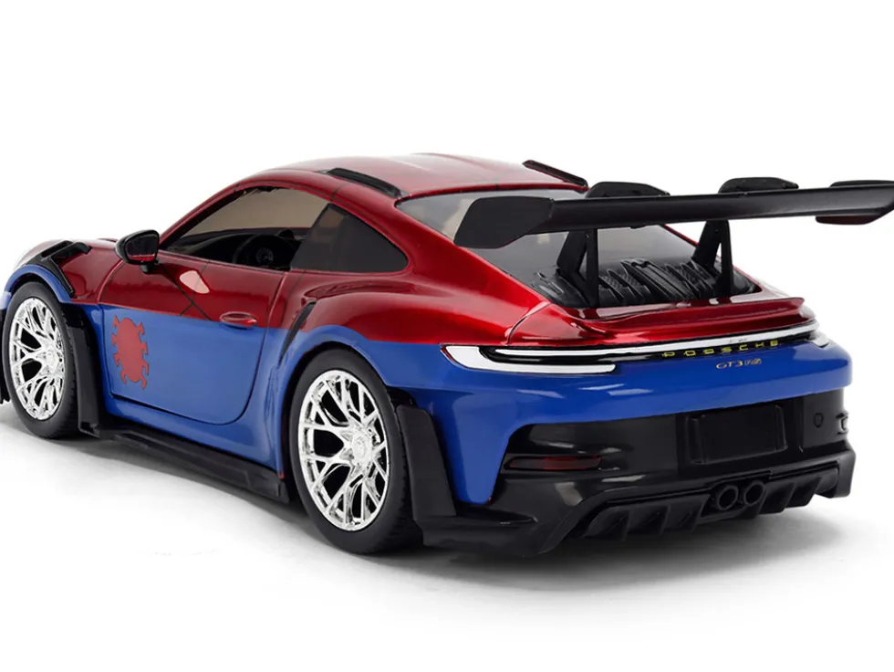 Porsche 911 GT3 RS (992) Red and Blue with Graphics and Spider-Man Diecast Figure "Marvel Spider-Man" "Hollywood Rides" Series 1/24 Diecast Model Car by Jada