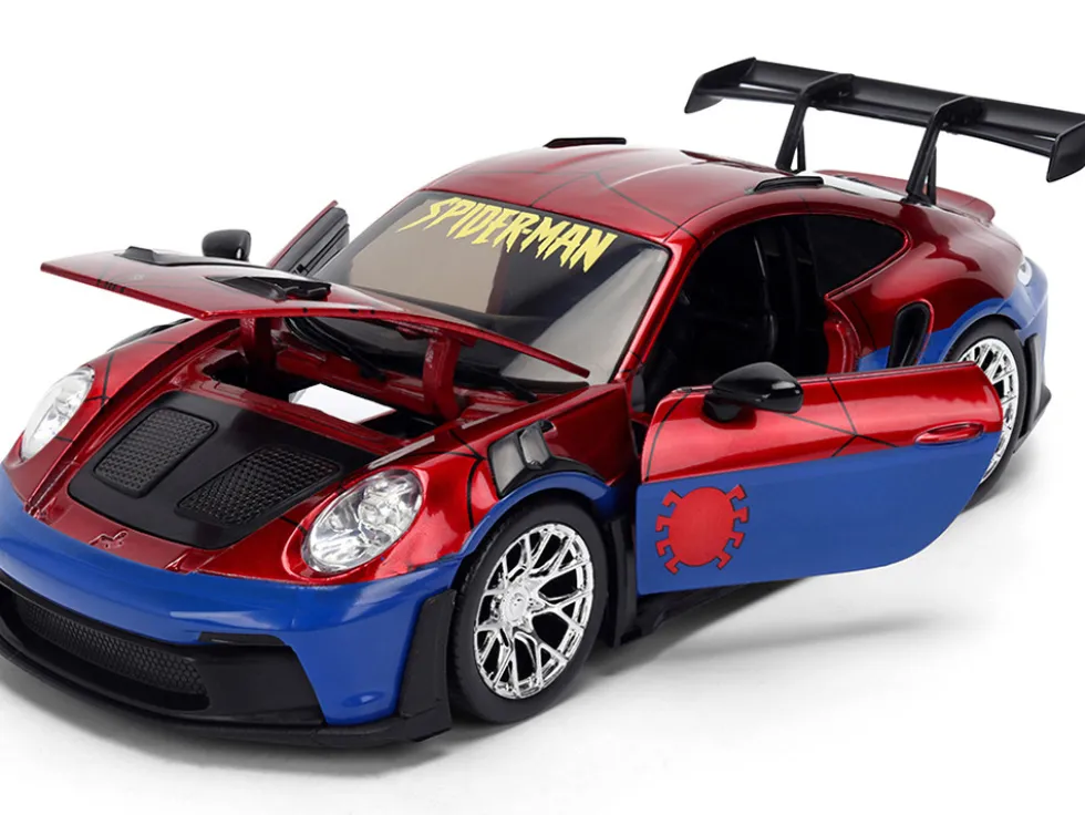 Porsche 911 GT3 RS (992) Red and Blue with Graphics and Spider-Man Diecast Figure "Marvel Spider-Man" "Hollywood Rides" Series 1/24 Diecast Model Car by Jada