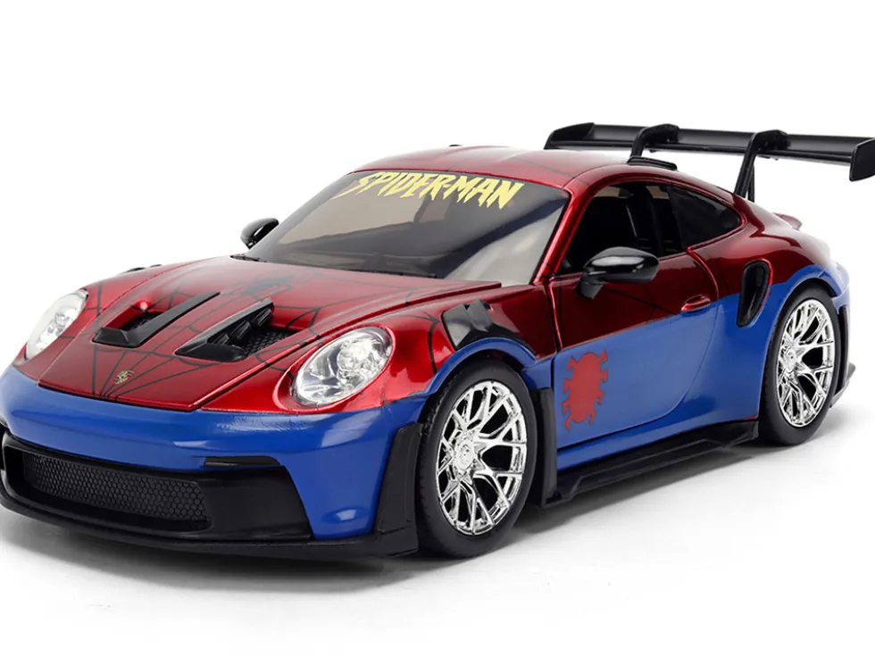 Porsche 911 GT3 RS (992) Red and Blue with Graphics and Spider-Man Diecast Figure "Marvel Spider-Man" "Hollywood Rides" Series 1/24 Diecast Model Car by Jada