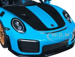 Porsche 911 991.2 GT2 RS Weissach Package Miami Blue Carbon Stripes 1/18 Model Car Autoart 78175