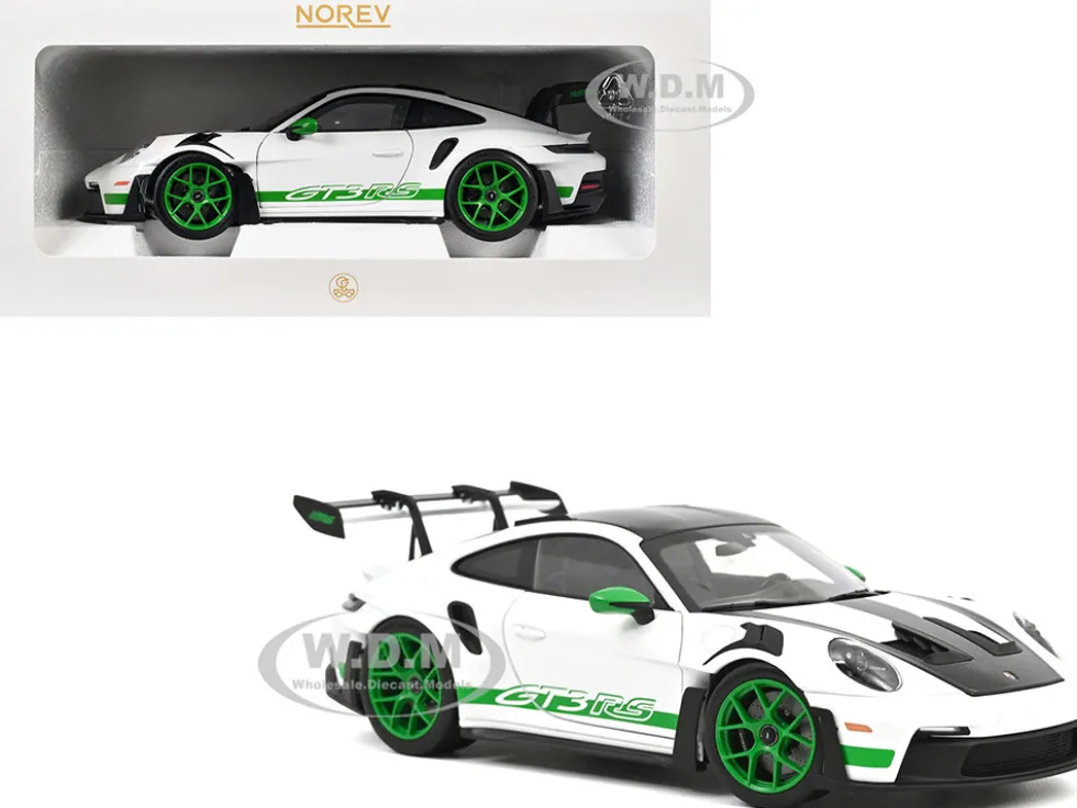 2022 Porsche 911 GT3 RS Weissach Pack White with Green Stripes And Carbon Hood and Top 1/18 Diecast Model Car by Norev